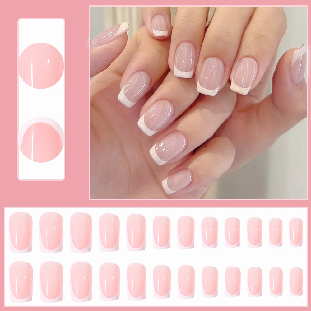 120pcs Nude Pink French Press On Nails Square Short Shape Shine Gloss Full Cover Fake Nail Tips Cute Girl Spring Wear False Nail