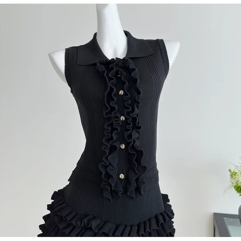 2 Two-Piece Knitted Skirt Sets Stylish Sleeveless Tank Tops and High Waist Layered Mini Skirts Black White Outfits Women Suits