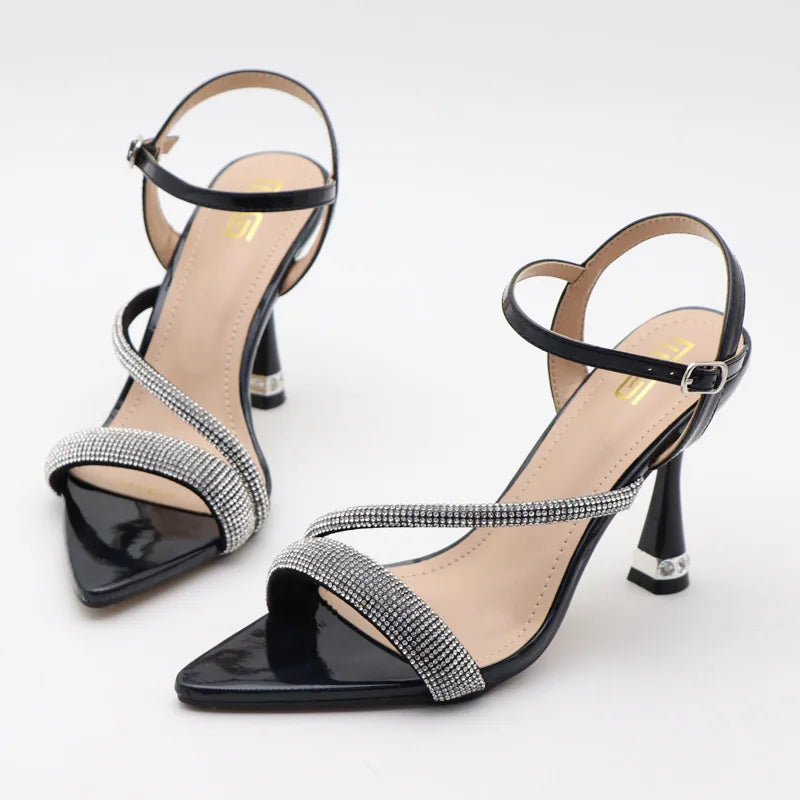 Luxury elegant green shoes  summer new high heels fashion Joker fashion fairy sandals Rhinestone buckle with women's shoes