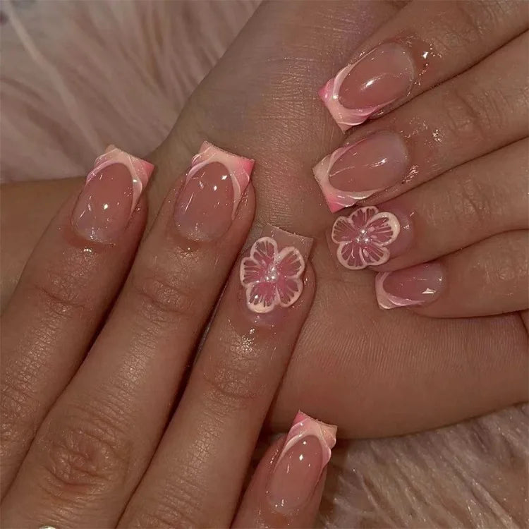 24Pcs Short Square French Nail Tips 3D Embossed Flower Decoration Removable Wearable Press on Nails for Women Girls DIY Manicure