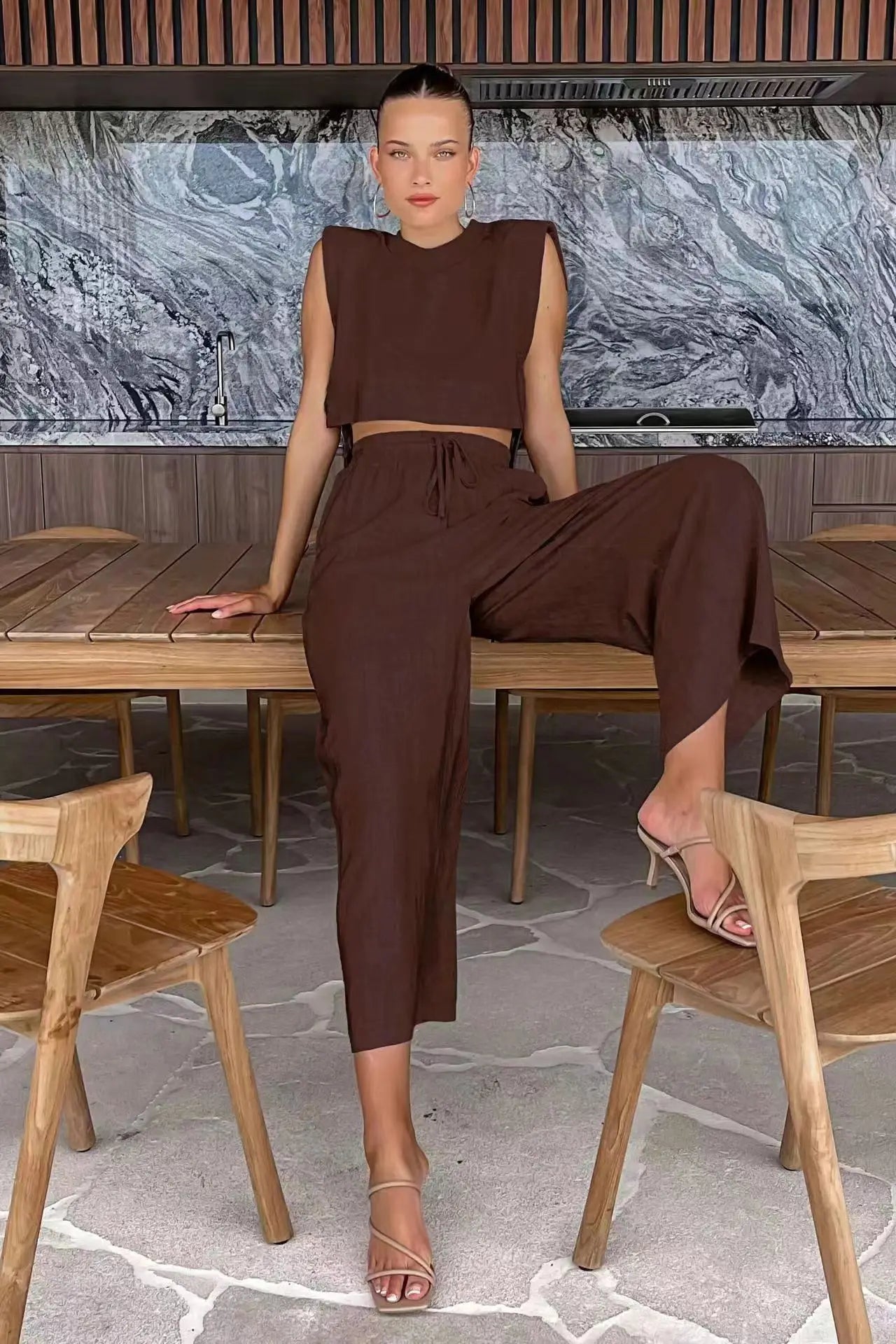 Cotton And Linen Pant Sets Women Sleeveless Leace-up Short Tops Drawstring Long Pants Two Piece Set Commuting 2025 Summer New