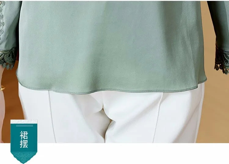 Fashion Women Silk Blouses Spring Autumn Long Sleeve Embroidery Shirts Elegant Office Lady Retro Design Tops Clothing