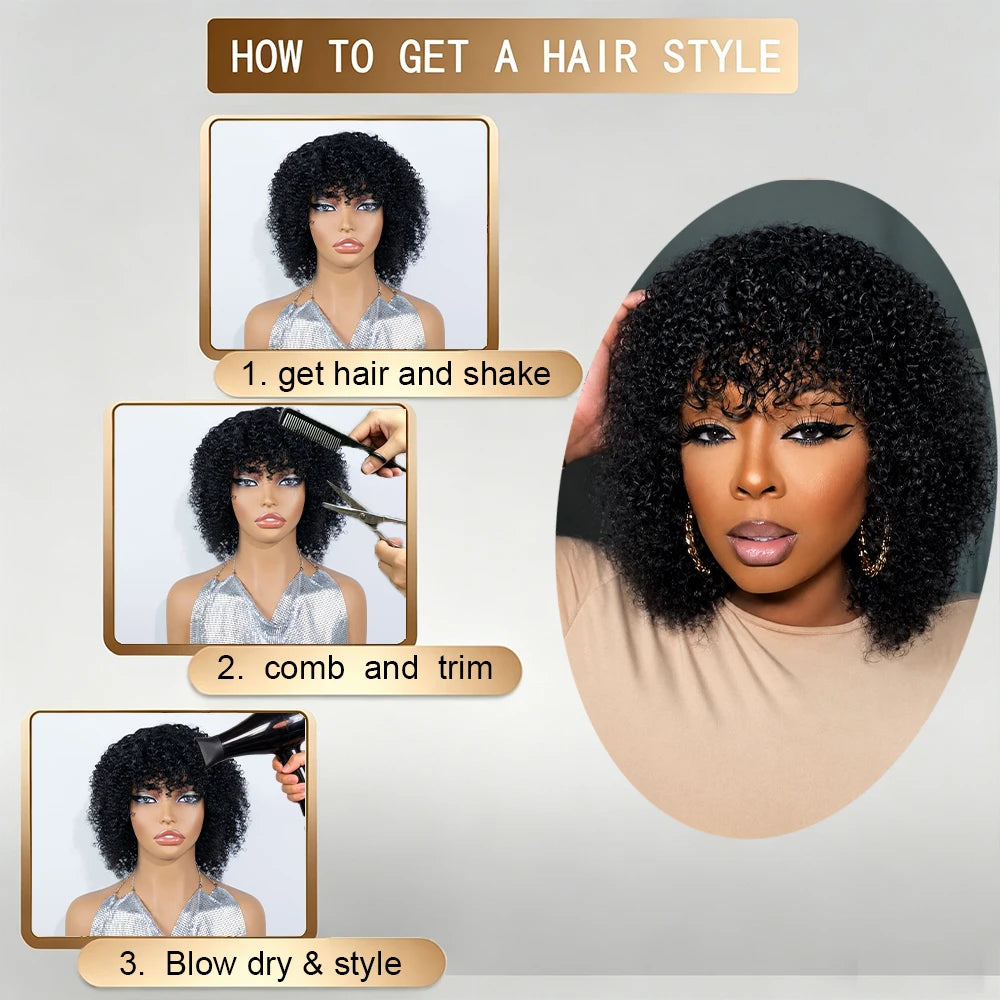Short Jet Short Black Fluffy Kinky Afro Curly Virgin Human Hair Bob Wig with Full Bangs, Thick Tight Spring Small Curly Real Hair Bob Wig,Full Machine Made for Daily Wedding Club Cosplay Photoshoot