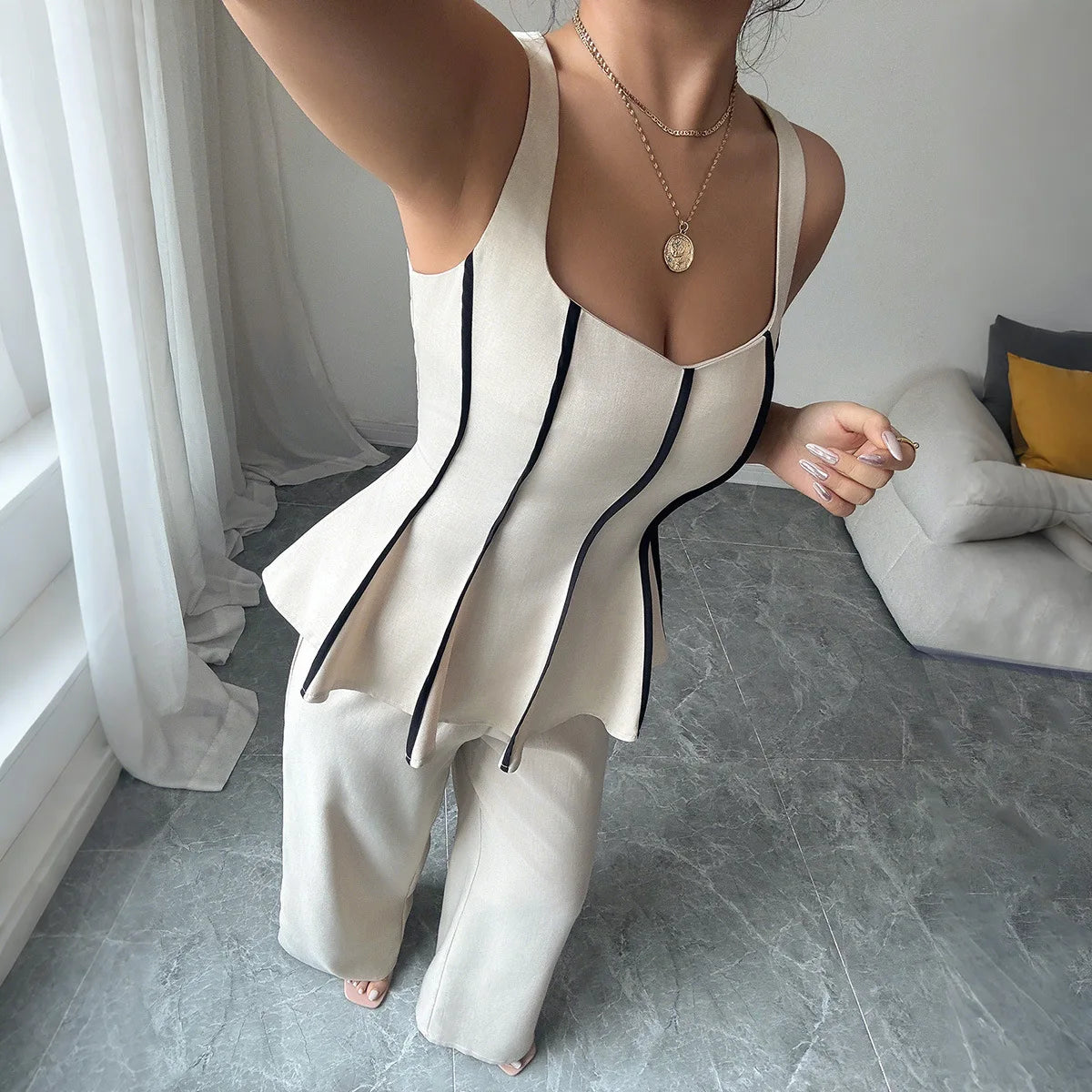 Two Piece Sets Women Pant Set Sleeveless Matching Sets Ruffles Tops Y2k Streetwear Elegant Work Wide Leg Long Pants High Waist