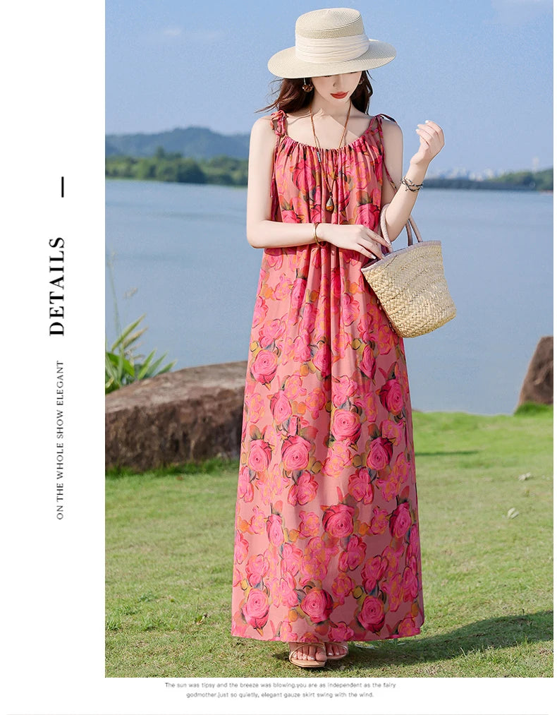 New Fashion Hot Summer Dresses For Women  Casual Flower Print Floral Sleeveless Dress Vintage Dress Loose Women Clothing