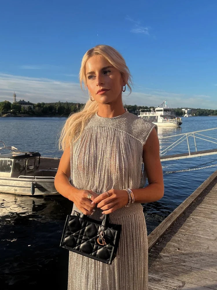Tassel Skirt Women's 2 Piece Set Elegant Round Neck Sleeveless Zipper Sequin Top A-line Long Skirt Suit Lady 2025 Summer Outfits