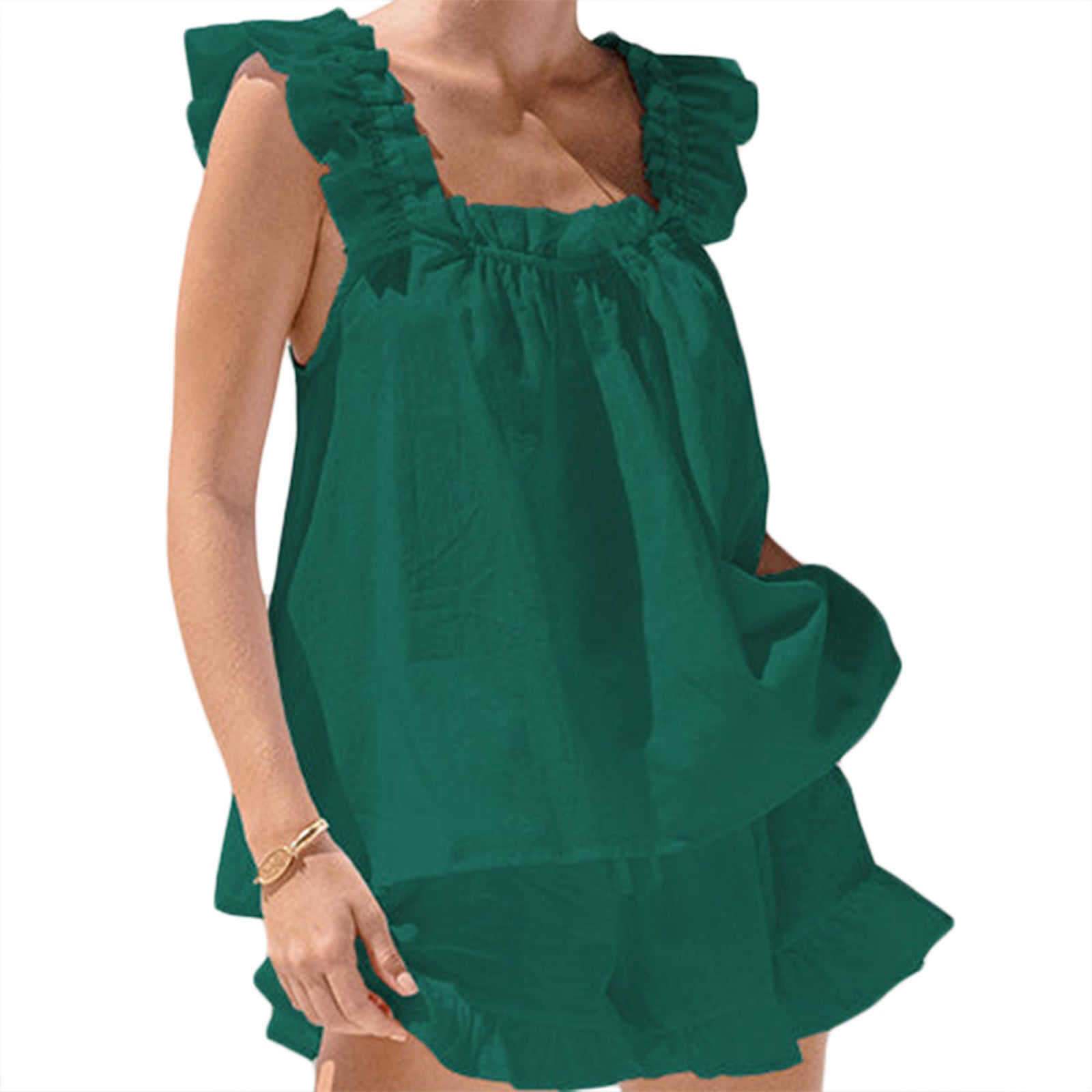 Womens Pajama Sets Women's Summer 2PCS Pajamas Sets Sleeveless Backless Sling Vest + Solid Color Ruffle Shorts