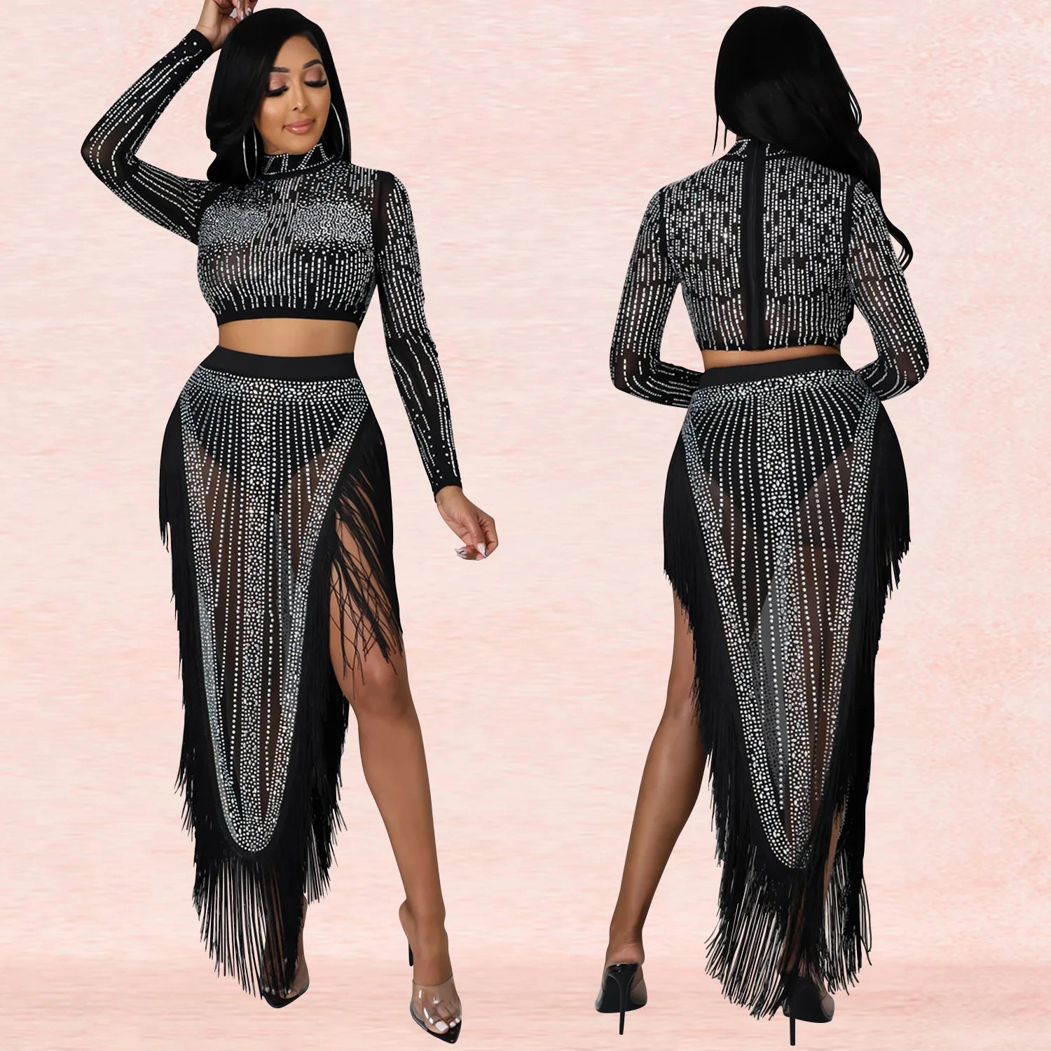 Skirt Set Women Two Piece Sets Dress Sets Mock Neck Matching Set Diamond Short Tops Party High Waist Long Skirts Sexy Hot Tassel