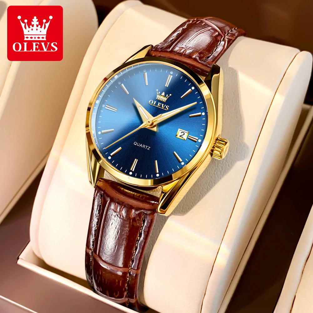 OLEVS 6898 Womens Watch Original Fashion Brand Quartz Wristwatch Waterproof Luminous Leather Strap  Dual Calendar Ldies Watch