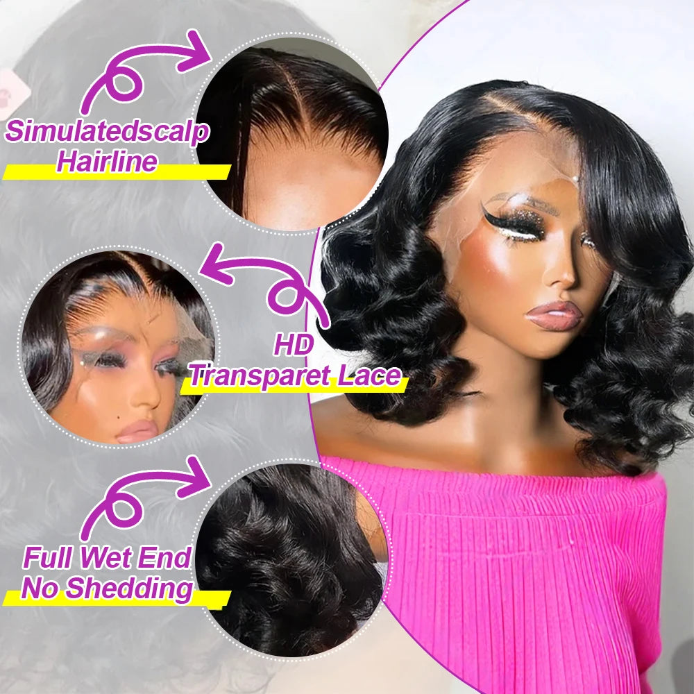 Body Wave Bob Wig 13x6 Transparent Lace Frontal Wig Brazilian Glueless Human Hair Wigs Virgin Remy Hair13x4 Lace Front Wig 250%