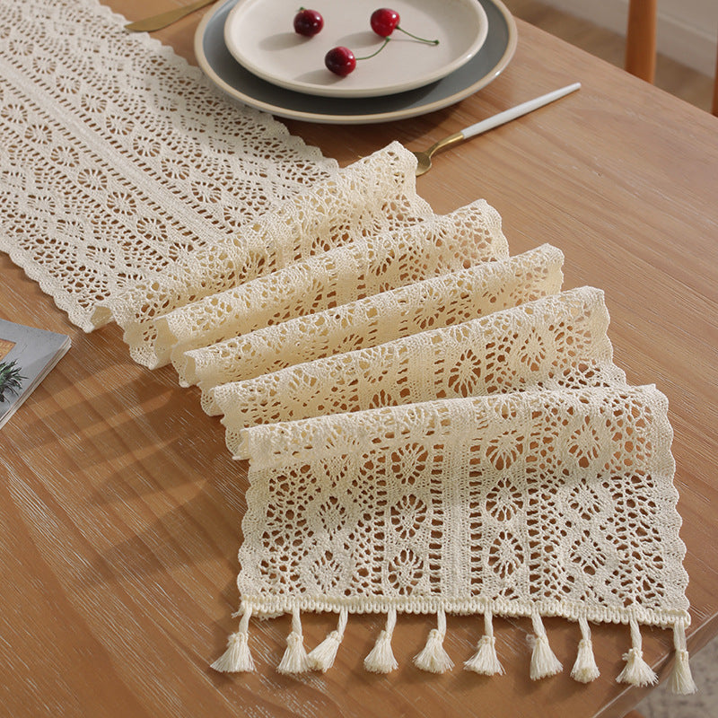 Camino de mesa beige, navideño, de encaje de ganchillo, tela de mezcla de algodón con borlas para la decoración de la mesa de centro y bodas.