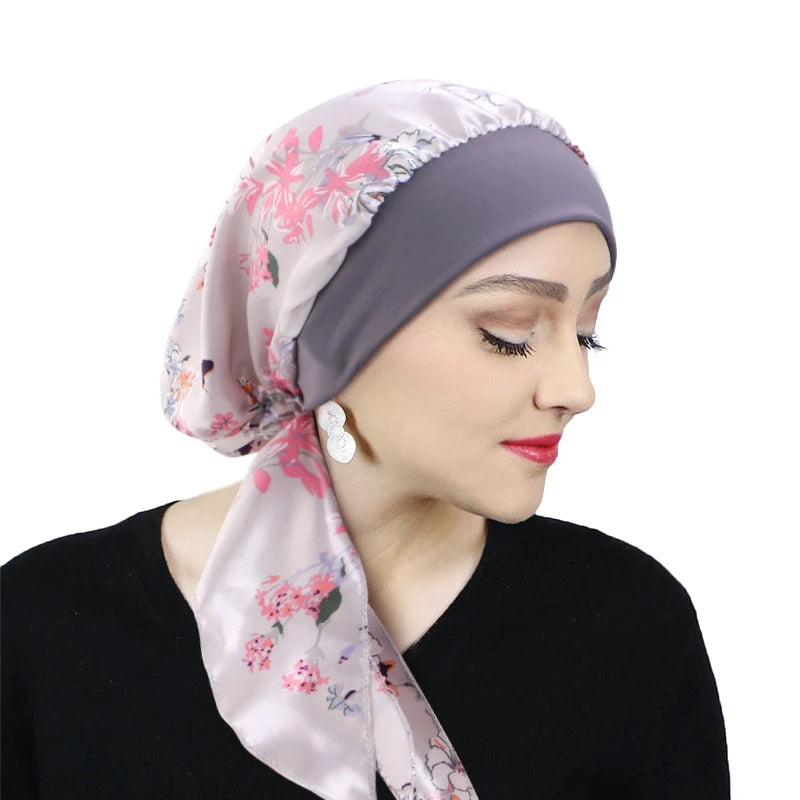 Women Pre-Tied Satin Turban Muslim Inner Hijabs Cancer Chemo Caps Headscarf Hair Loss Headwrap Bandana Elastic Hair Accessories