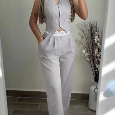 Elegant Two Piece Sets For Women  Summer Buttoned Vest Top & Pocket Decor High Waist Wide Straight Leg Pants Set Streetwear