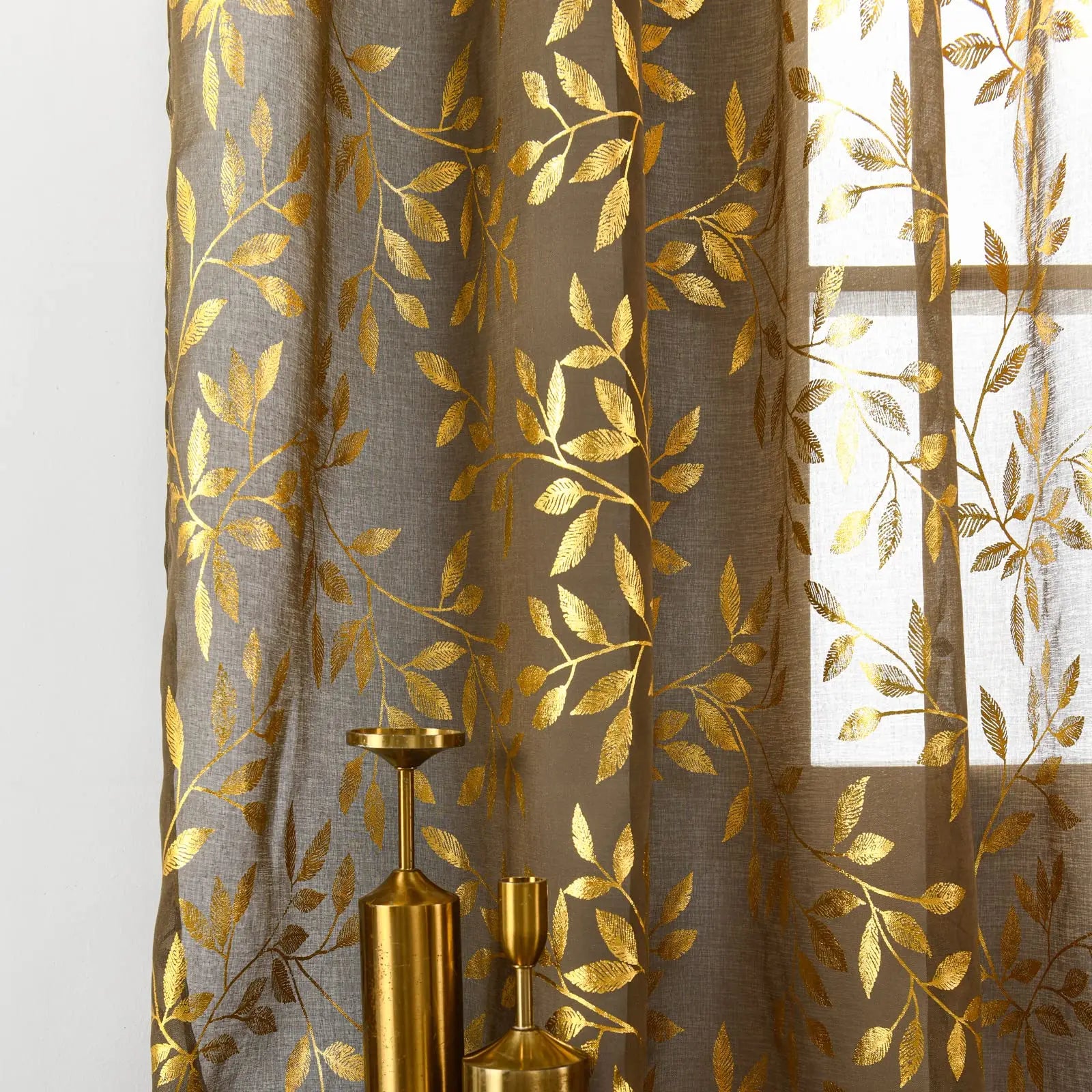 Taupe Gold Leaf Sheer Curtains (Pair)