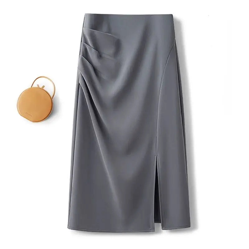 Suit Skirt  Women Mid-length High Waist Slimming Pleated A-line Skirt Temperament Slit One-step Skirt