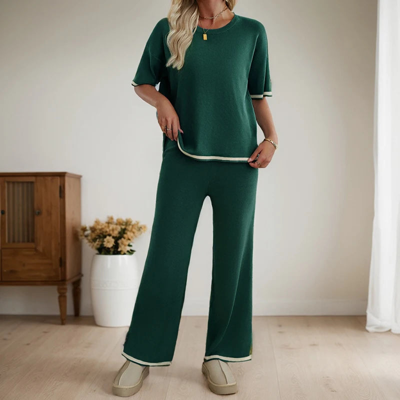 Conjunto de dos piezas de ropa de mujer, moda primavera verano, informal, cuello redondo, blusa de manga corta, pantalones de pierna ancha a juego