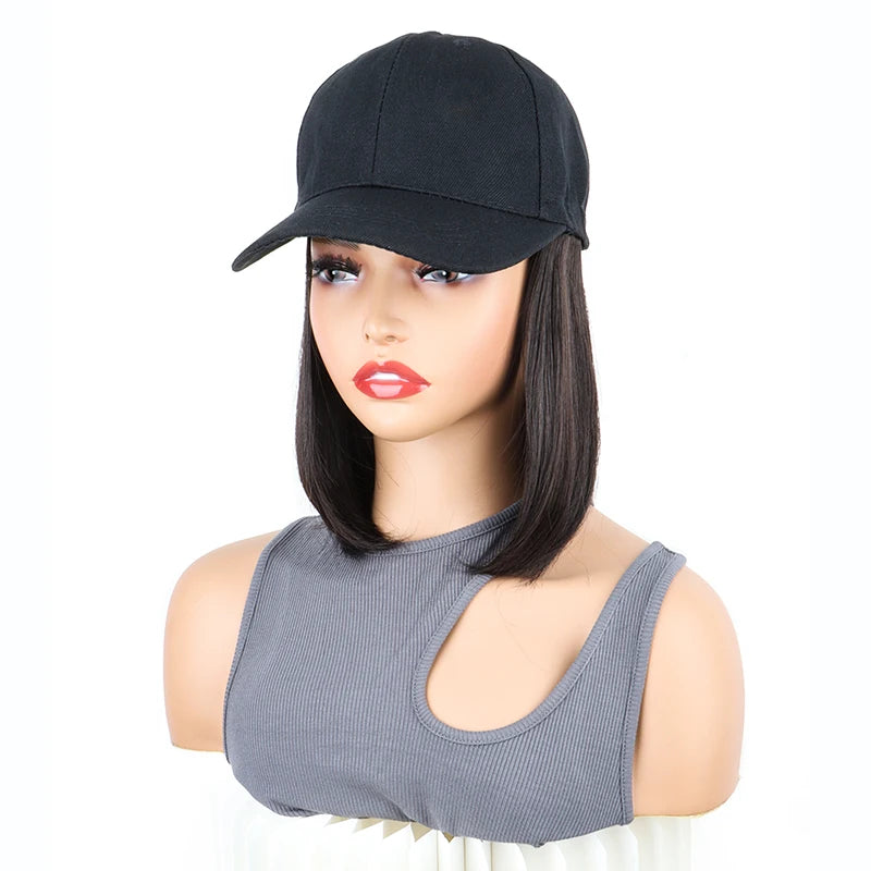 12Inch Synthetic Baseball Cap Hair Extensions Short Straight Bob Adjustable Hat Wig Easy Wear for Daily Party Women