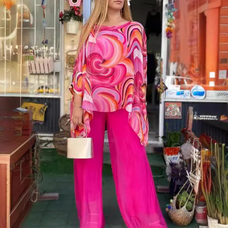Women Fashion Trousers Two Piece Set For Women 2024 Summer Loose Casual Print Blouse Elegant 2 Piece Sets Woman Tops+Pants Suit