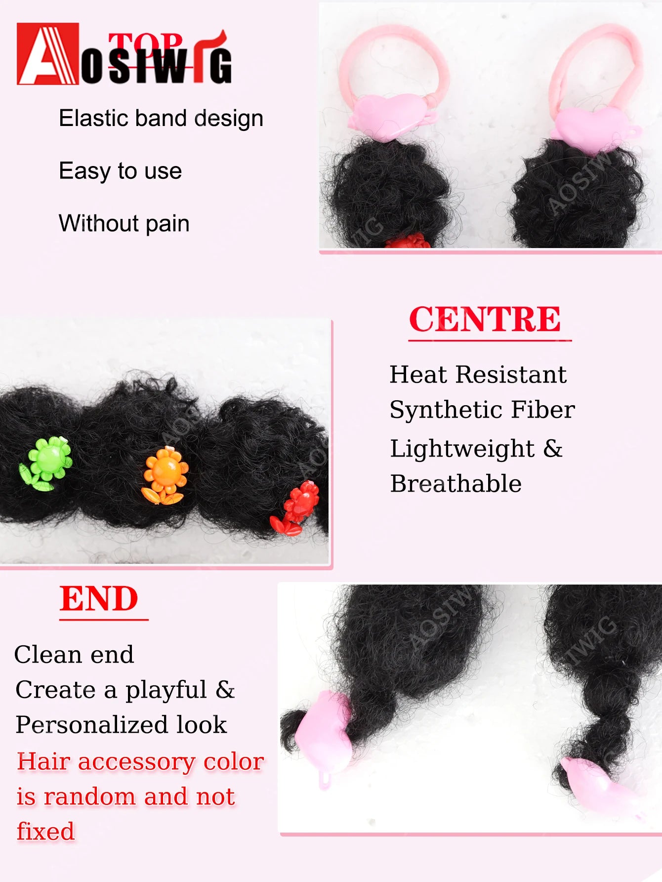 2pcs Kids Synthetic Black Bubble Puff Braid Ponytail Hair Extension With Cute Flower Accessories Wigs Hairpiece Braided Ponytail