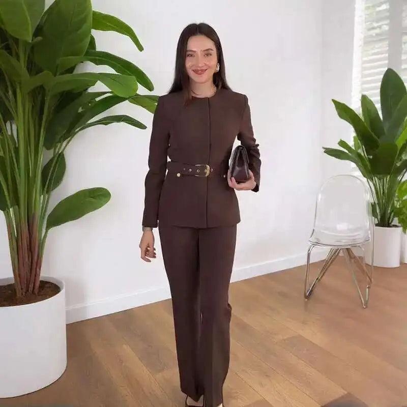 Elegant Women's Trouser Suits Long Sleeve O-Neck Top With Belt Solid Wide Leg Pants Female Suit 2025 Spring 2 Pieces Set Women