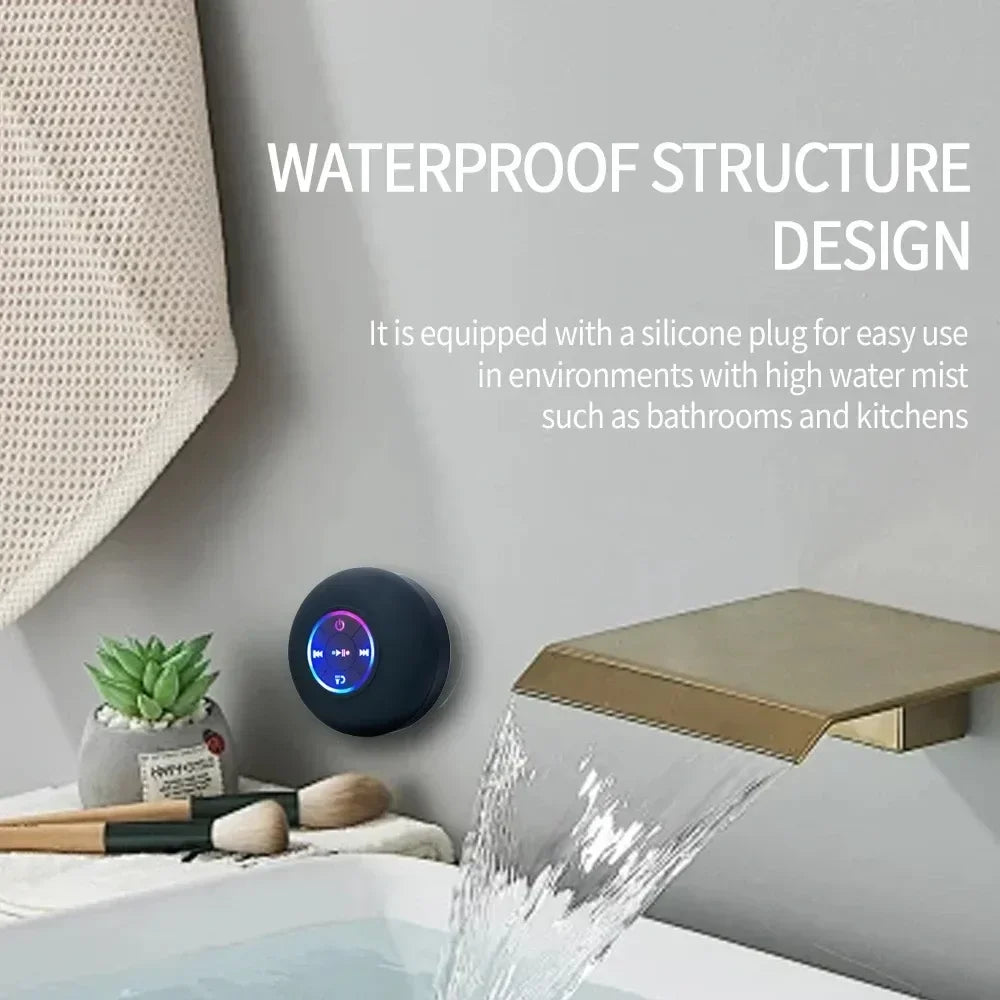 Portable Bluetooth Speaker IPX4 Waterproof With LED Lights Large Suction Cup For Bathroom Outdoor Wall Mount Wireless Music