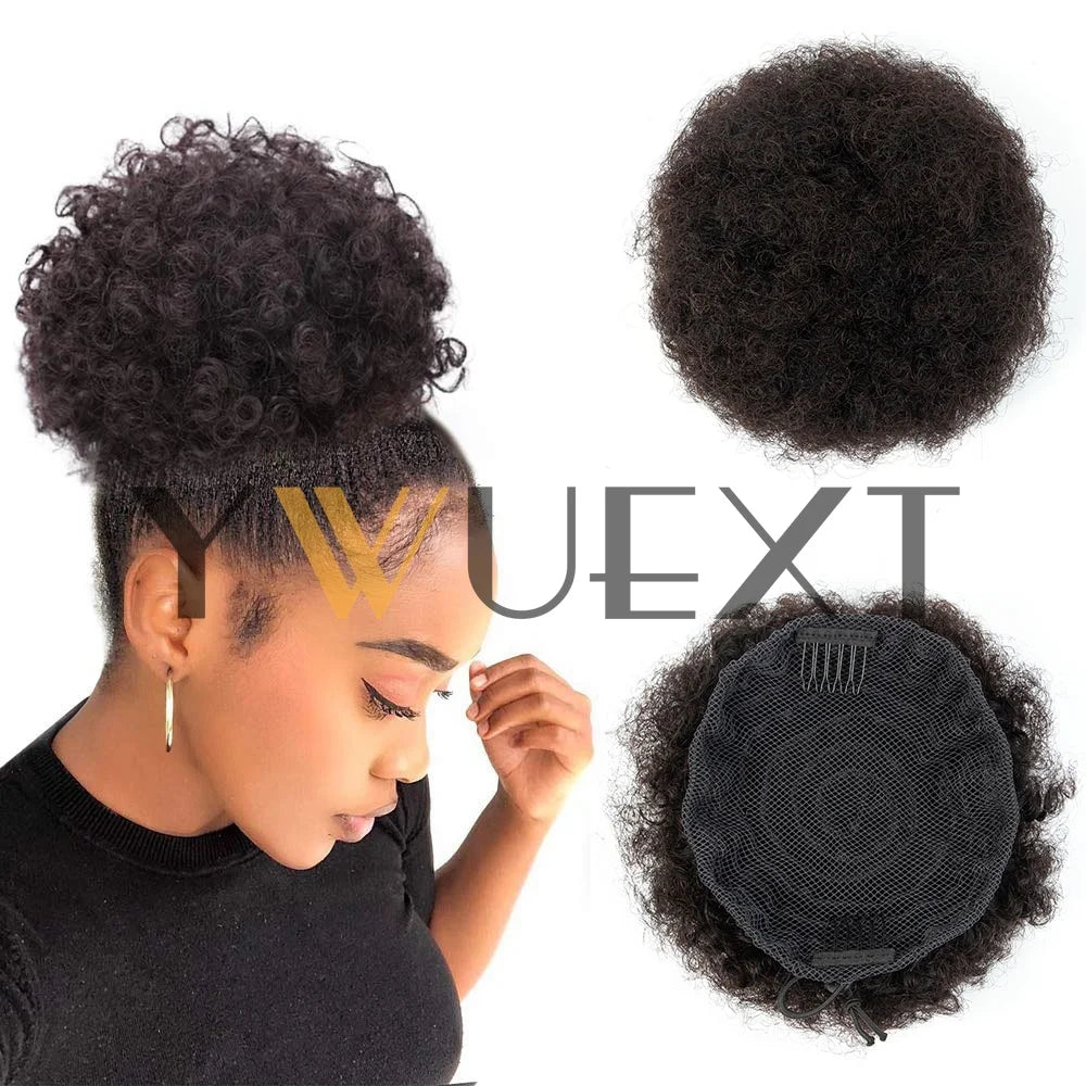Afro Puff Ponytail 4-6 Inch Human Hair Puff Ponytail Hair Extensions Clip On Kinky Drawstring Curly Ponytail Bun Durable Natural Soft And Smooth Hairpiece Kinky Curly Bun Hair Clip In Drawstring Curly Ponytail Bun