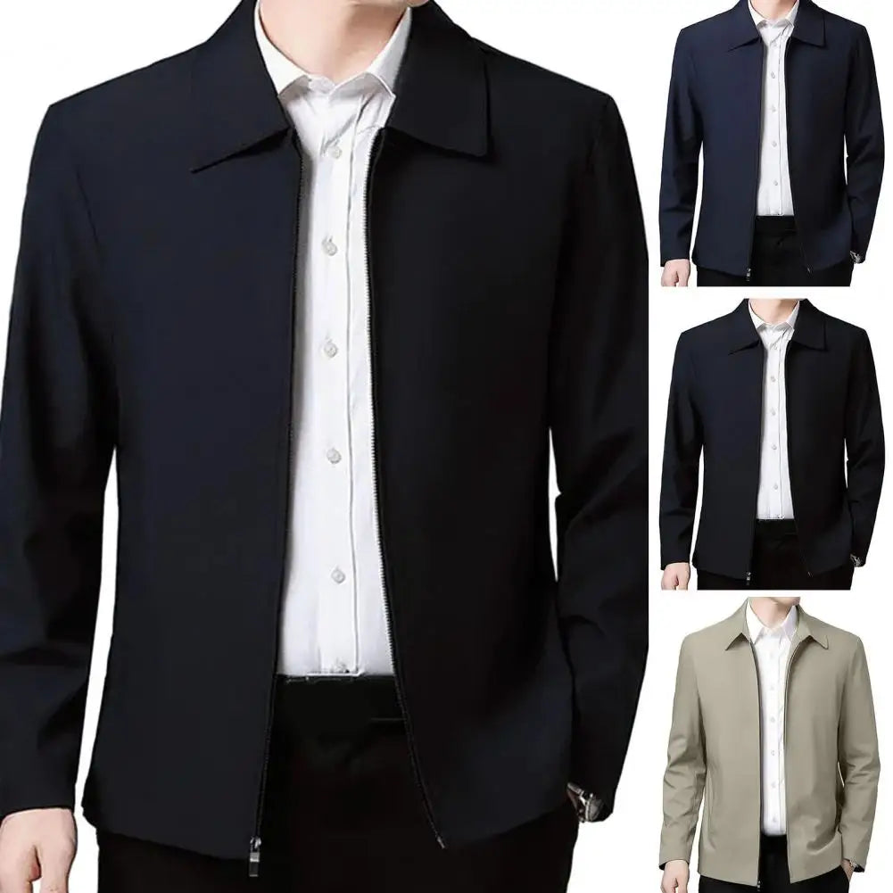Men Jacket Elegant Mid-aged Men's Lapel Jacket with Zipper Closure Pockets for Formal Business Casual Wear in Spring Fall Solid
