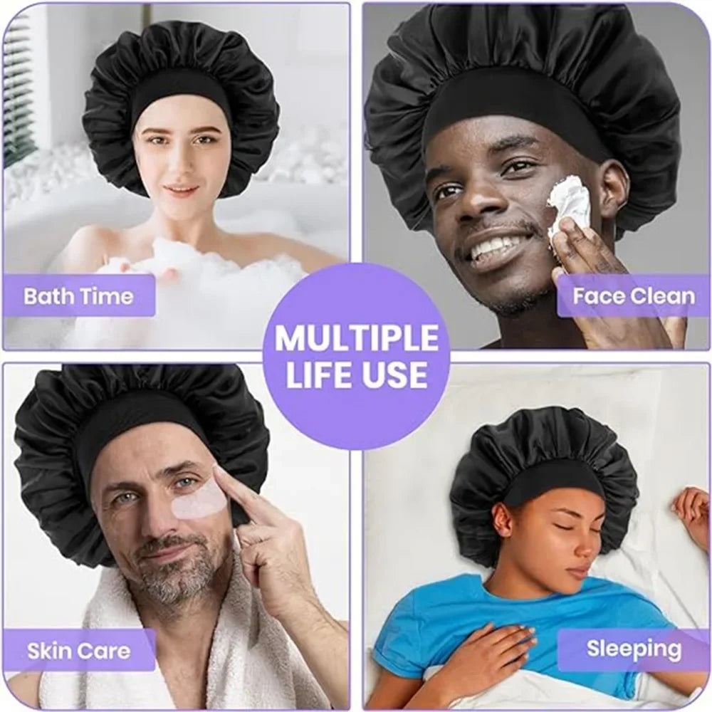 Fashion Bonnet Large Wide Edge Elastic Hat Casual Sports Silk Smooth Suitable for Curled Straight Hair Sleeping Hat Women's men