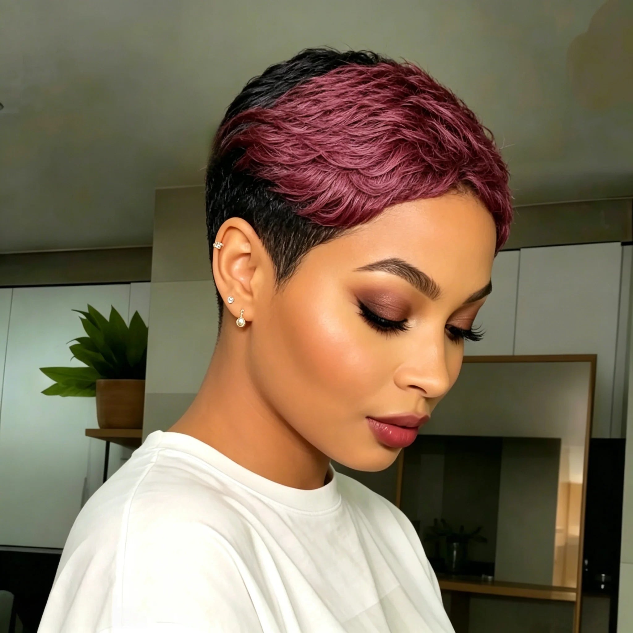 6 Inch Human Hair Pixie Cut Wig for Women Short Curly Wig Black and Honey Blonde Ombre  Full Machine Made Wig