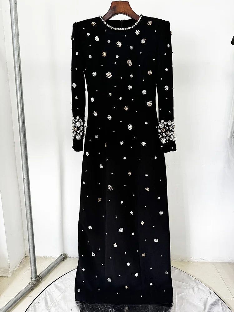 HIGH STREET Newest Fashion  Designer Party Vestido Women's Formal Long Sleeve Luxurious Beaded Long Maxi Dress