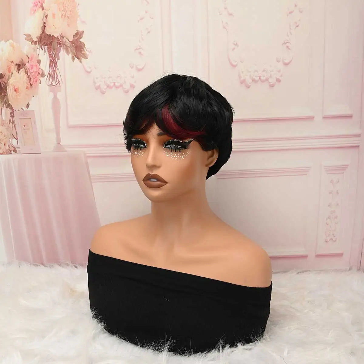 Black Short Pixie Cut Synthetic Wig with Burgundy Highlight Bangs, Heat Resistant Glueless Wear‑and‑Go Wig for Women