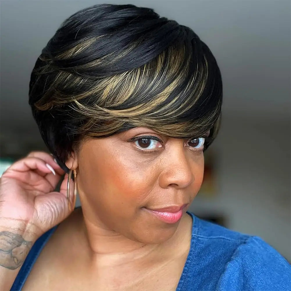 Short Wigs for Black Women Natural Straight Short Red Pixie Cut Wigs for Black Women Synthetic Short Pixie Wigs Ombre Black Mixe
