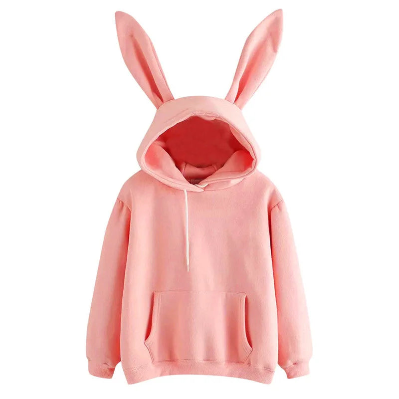 Autumn Winter Women Hoodies Kawaii Rabbit Ears Fashion Hoody Casual Loose Solid Color Warm Sweatshirt Hoodies For Women
