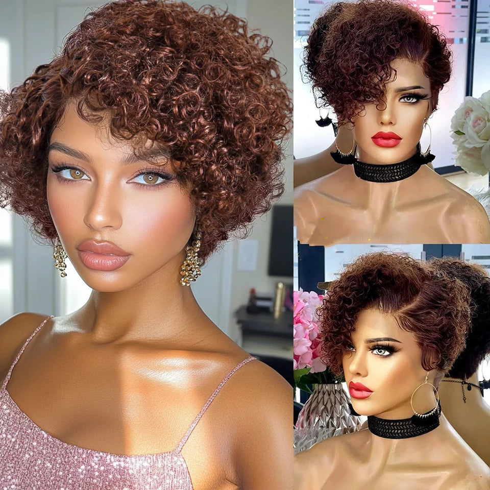Peluca Bob Corto Black Pearl Pixie Cut Peluca de Pelo Humano Rizado para Mujer Color Negro Cierre de Encaje en T Peluca de Encaje Onda Profunda