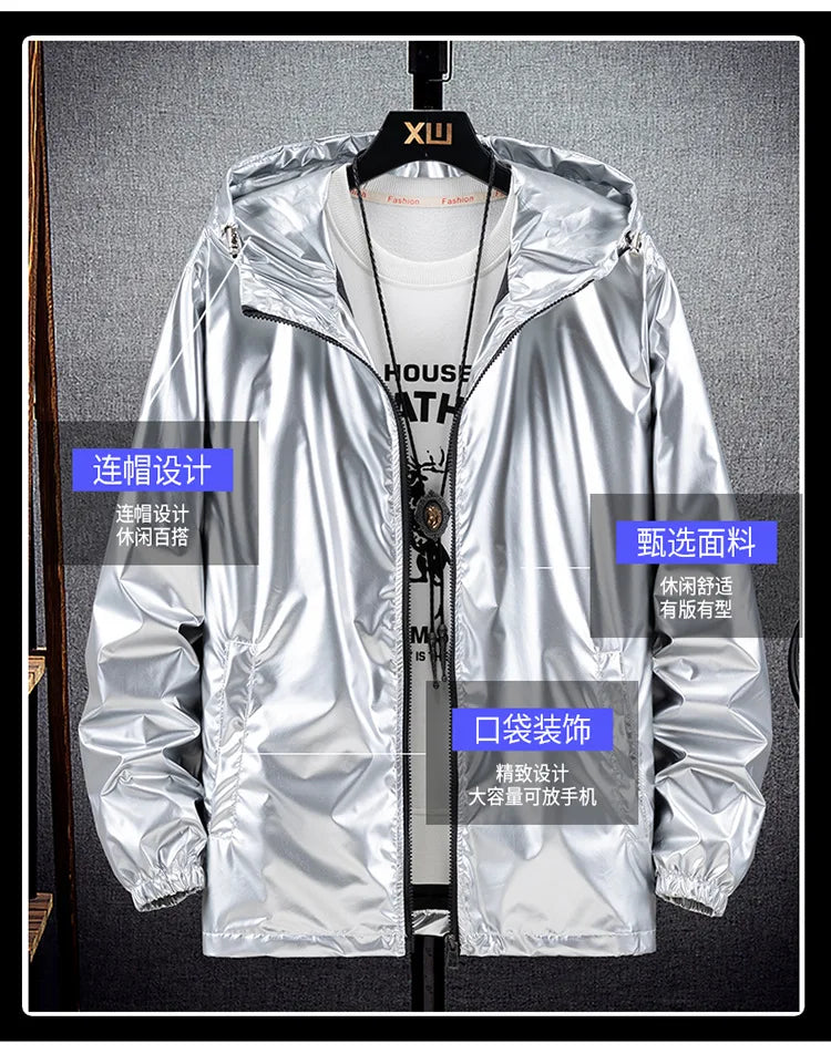 Chaquetas con capucha de superficie brillante para hombre, para senderismo, pesca, deportes al aire libre, cortavientos, estilo fino, abrigos de tendencia, ropa de hombre 7XL