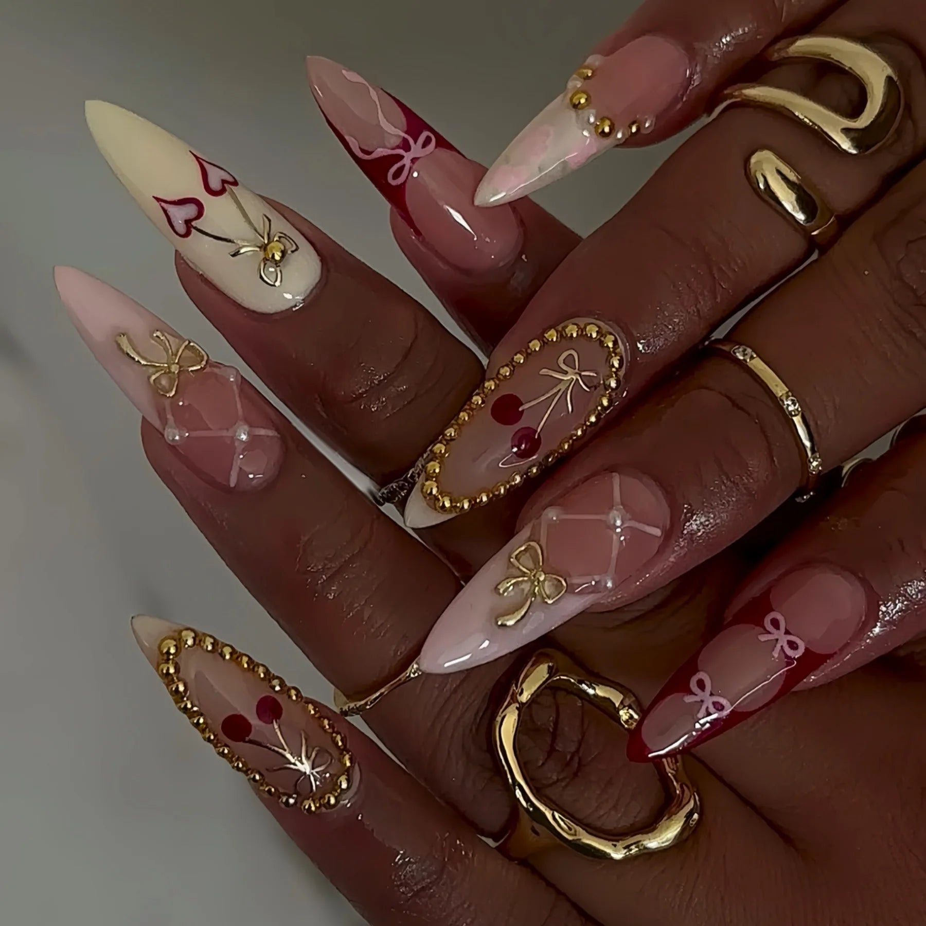 24Pcs Sweet Cool French Press on Nails Almond Acrylic False Nails Cute Cherry Bowknot Fake Nails with Pearl Glitter Diamond Nail