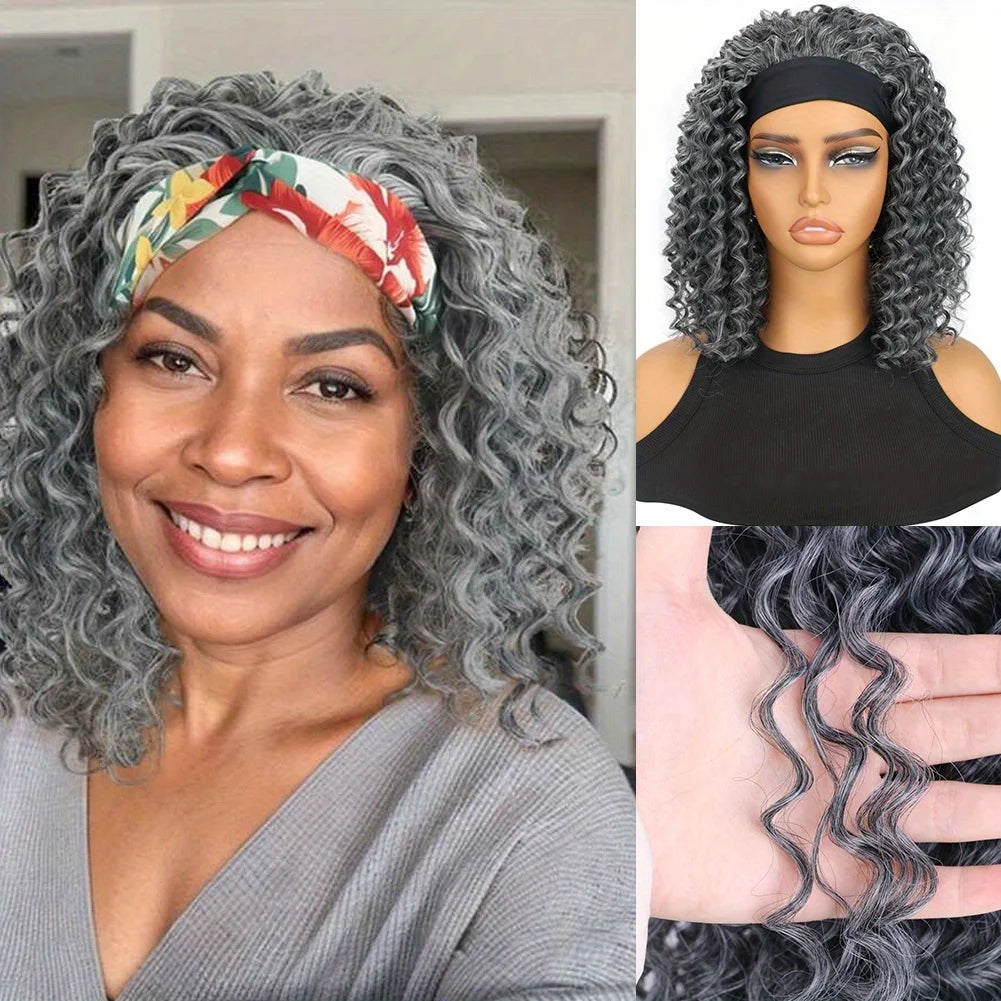 12" Afro Kinky Curly Headband Wig Synthetic Afro Curly Headband Wig Glueless Black Mix Brown Headband Wig For Women Daily Wear