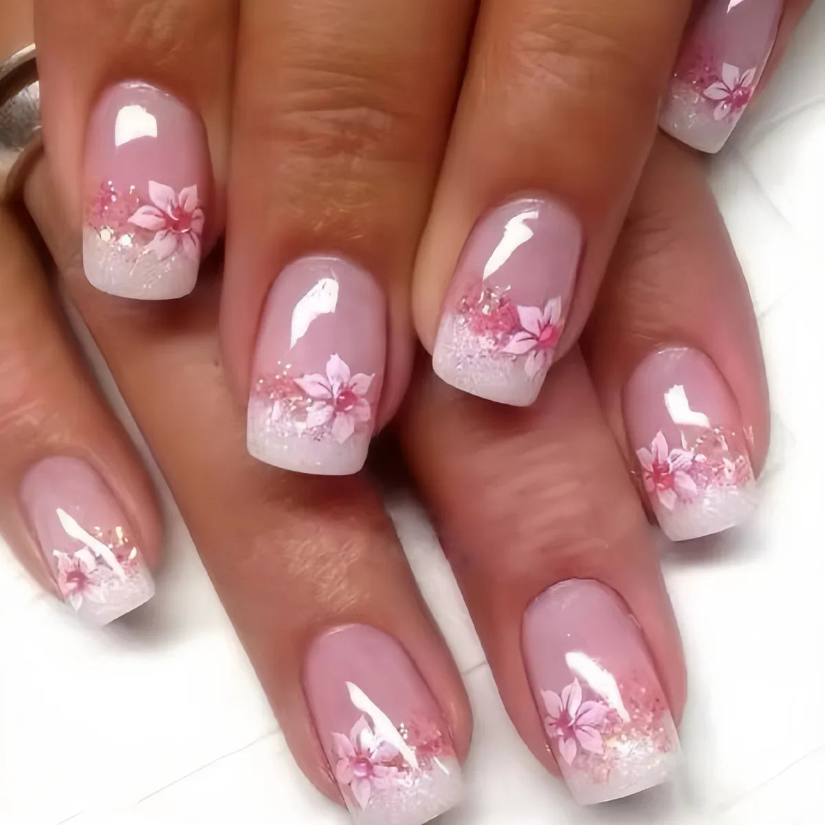 24pcs/box Glossy Short Square Fake Nails Colorful French Tip Press On Nails Flower Pattern Spring Summer False Nails For Women