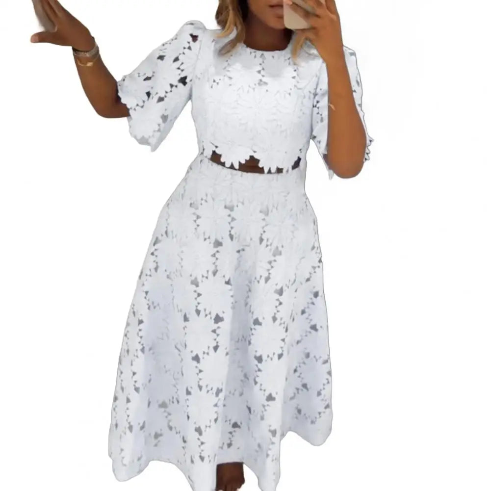 Women's 2 Piece Skirt Set Hollow Out Flower Outfits Short Sleeves Round Neck Top High Waisted Maxi Skirt Set Summer Vacation Set