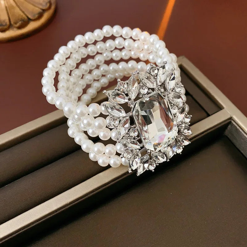Inlaid Rhinestone Geometric Pearl Jewelry Set Women Beaded Choker Light Luxury Multi-layer Necklace Fashion High Sense Earring