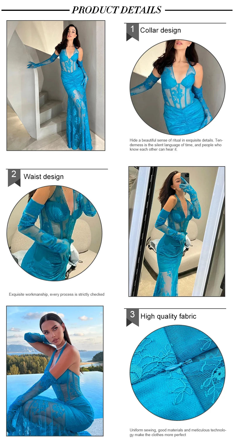 VC Fashion Party Dresses For Women Sexy Lace Halter Long Sleeves Gloves Design Maxi Gowns Vestidos
