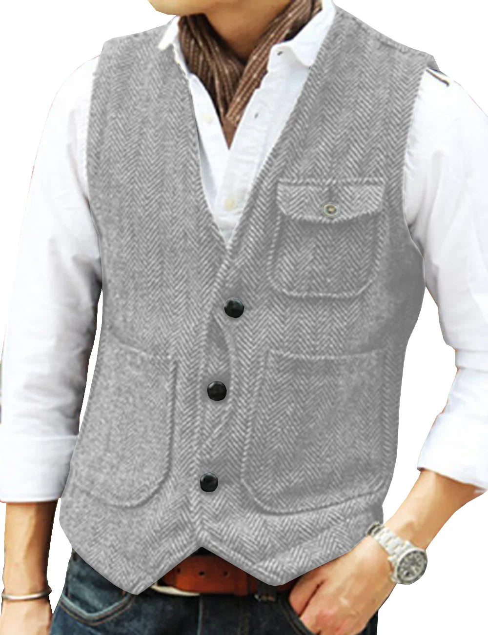 Vest Men's Casual Tooling Formal Herringbone Tweed Brown V Neck Wool Waistcoat Business Vest Groomsman For Wedding Prom