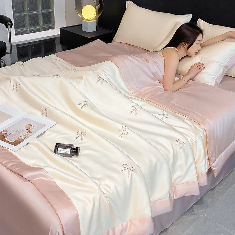 Princess Summer Quilt Korean Soft  Washed Silk Full Embroidery Tencel Cool Quilt  Women Girl For Summer Comforter Bedding