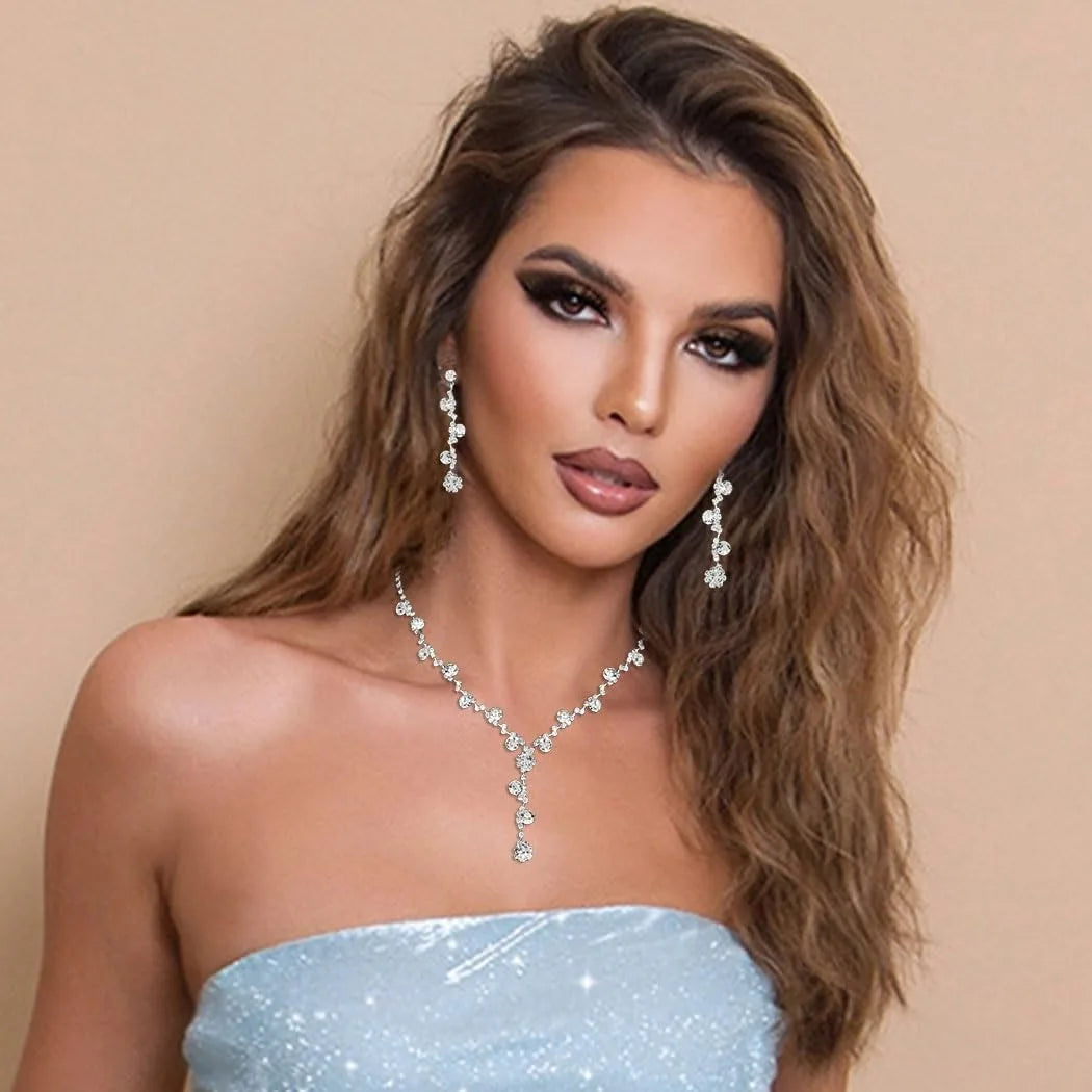 Jewelry Set for Women Rhinestone Earrings Silver Earring Bracelet Necklace Party Prom GiftWedding Earrings Jewelry for Women