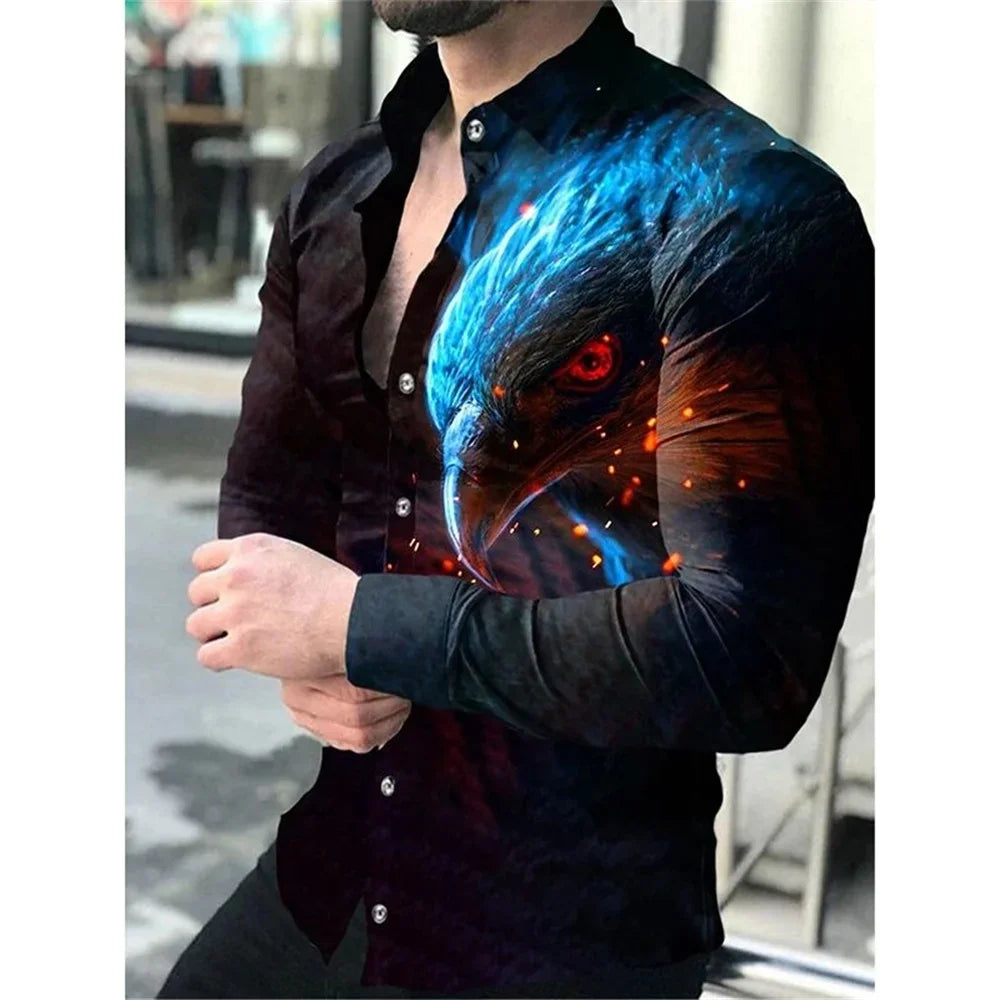 Luxury men's social shirt lapel single-breasted 3D plaid print long-sleeved designer clothing casual street white shirt