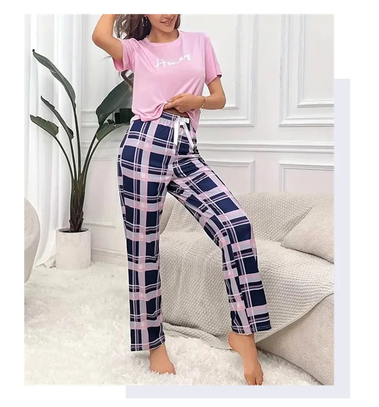 Women's Pajamas Set Soft Comfortable Letter Print T-Shirt & Plaid Long Pants Sleepwear 2 Pieces Home Clothes Loungewear Pyjama