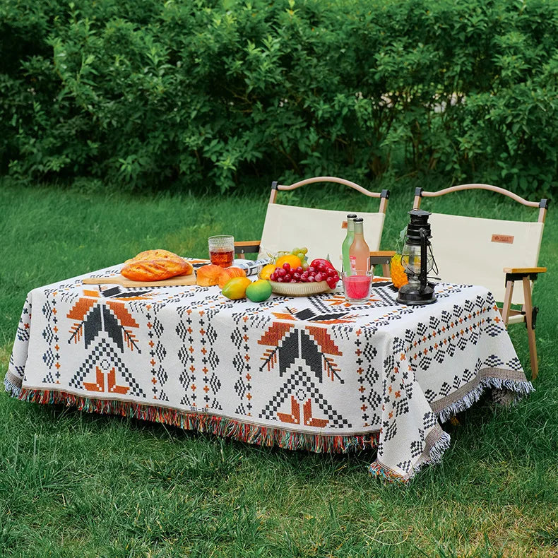 Mantel rectangular colorido estilo bohemio de tela de algodón y lino, mantel de decoración para camping al aire libre con diseño geométrico simple