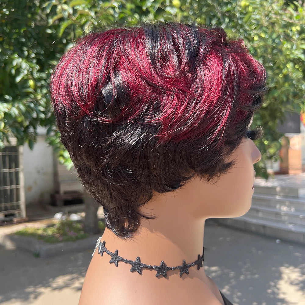 Pelucas de Cabello Humano Peluca Corta Pixie de Cabello Humano para Mujeres Negras Pelucas Hechas a Máquina con Flequillo Peluca Pixie Perruque Cheveux Humain