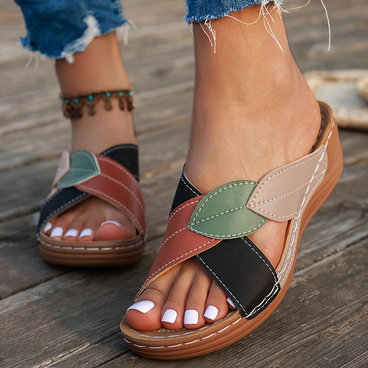 Women Slippers Summer Shoes Woman Mix Color Heels Sandals Summer Women Elegant Heeled Footwear Slippers slides Women