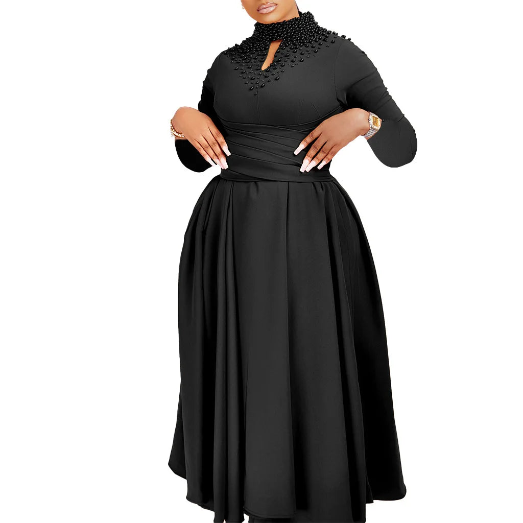 Vestido Elegante Africano para Mujer, Vestidos de Noche con Cuello Alto y Cuentas a la Moda, Vestido Delgado de Temperamento para Mujer, Vestidos Casuales de Manga Larga